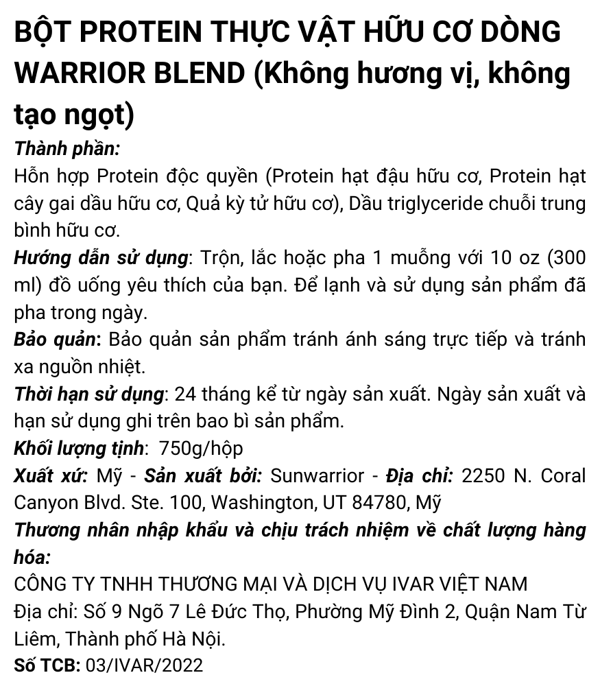 nhan phu protein warrior blend khong vi